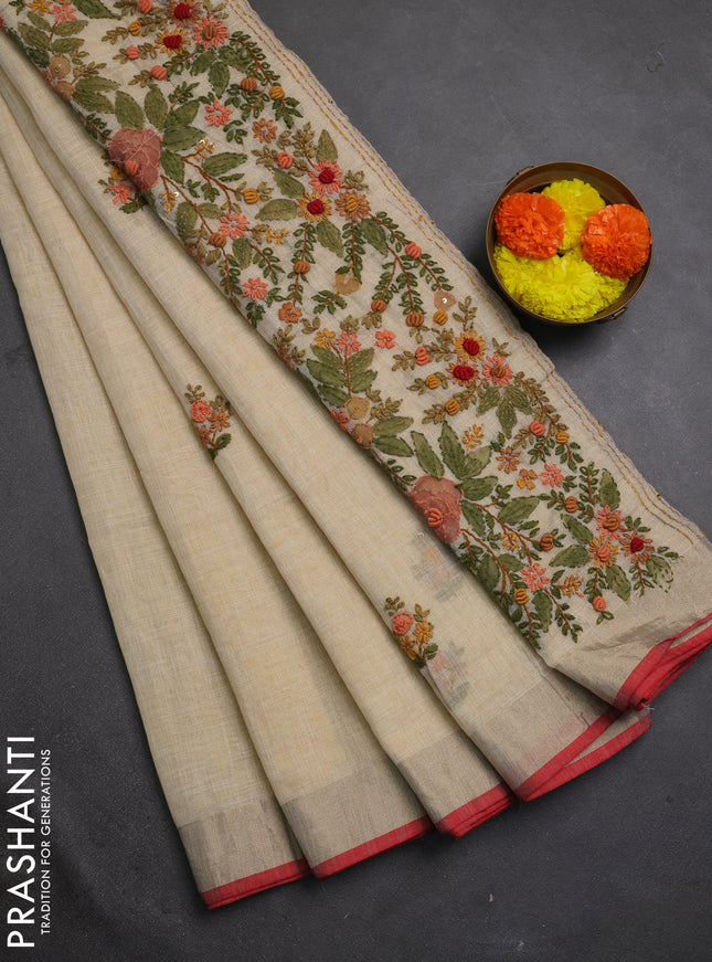 Linen cotton saree cream and maroon with embroidery buttas and embroidery kantha stitch work pallu