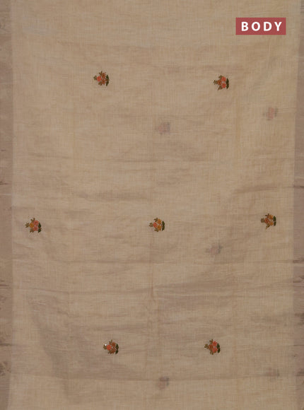 Linen cotton saree cream and maroon with embroidery buttas and embroidery kantha stitch work pallu