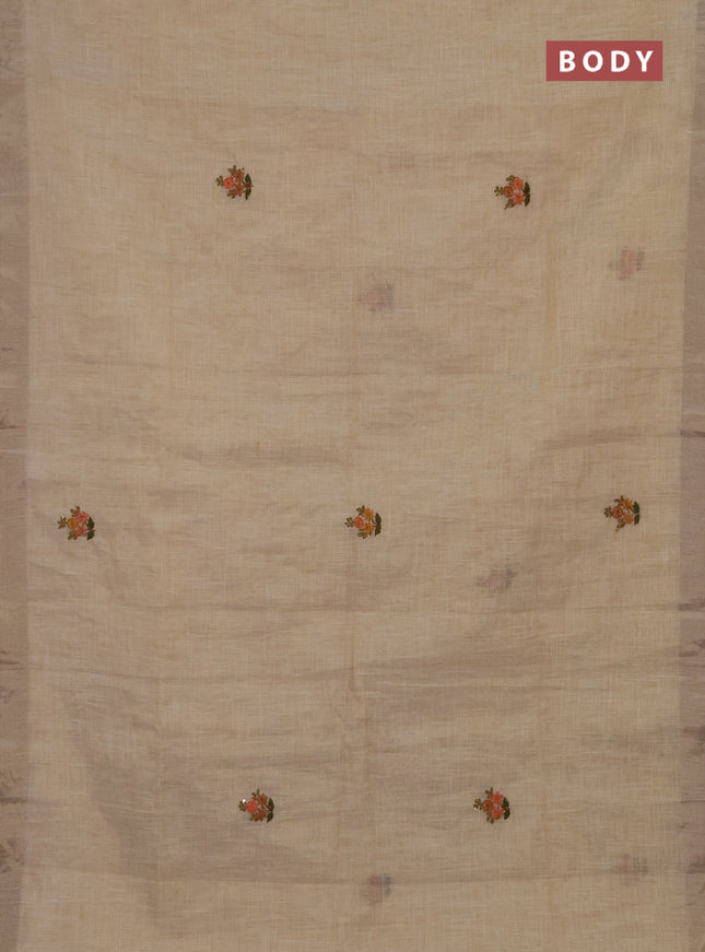 Linen cotton saree cream and maroon with embroidery buttas and embroidery kantha stitch work pallu