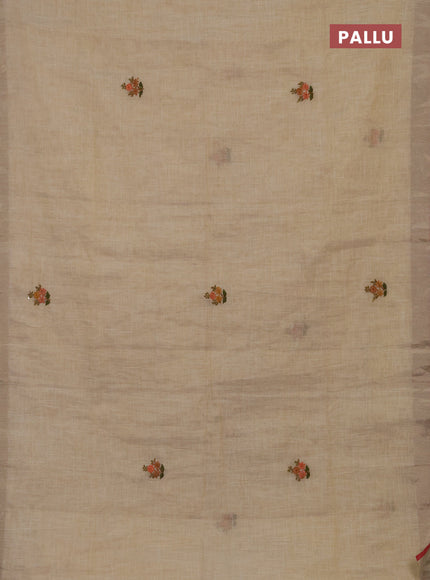 Linen cotton saree cream and maroon with embroidery buttas and embroidery kantha stitch work pallu