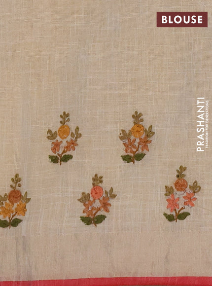 Linen cotton saree cream and maroon with embroidery buttas and embroidery kantha stitch work pallu