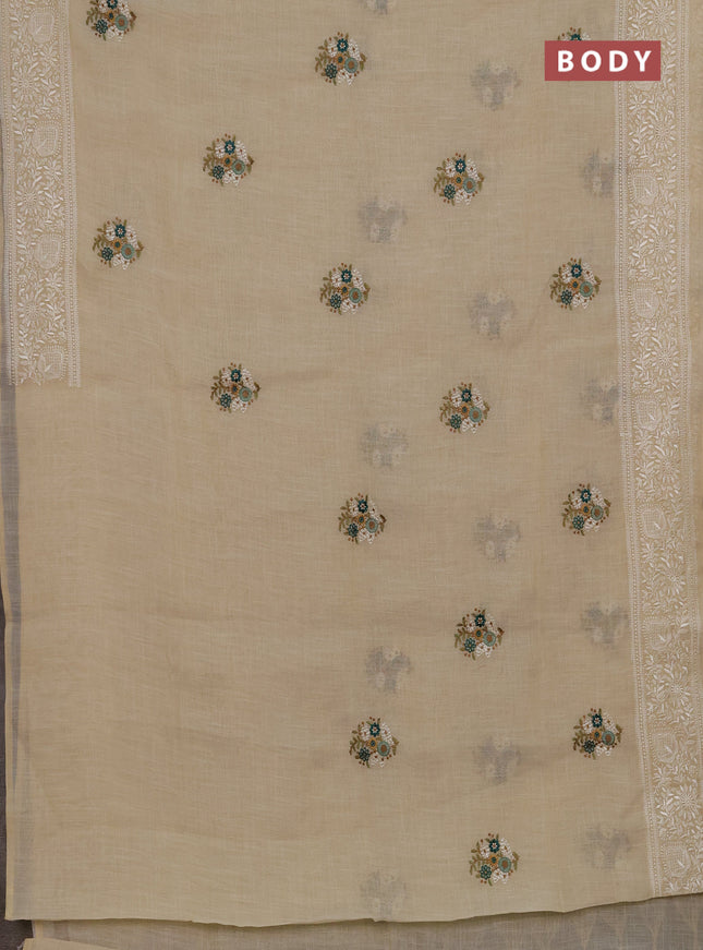 Linen cotton saree cream and peacock green with allover embroidery buttas and embroidery pallu
