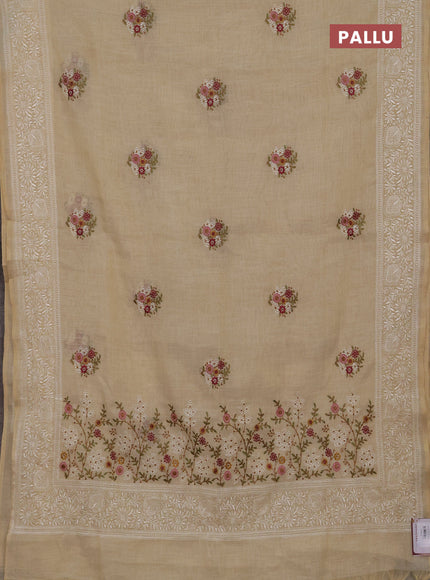 Linen cotton saree magenta pink with allover embroidery buttas and embroidery pallu