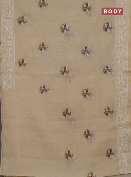 Linen cotton saree dark grey with allover embroidery buttas and embroidery pallu