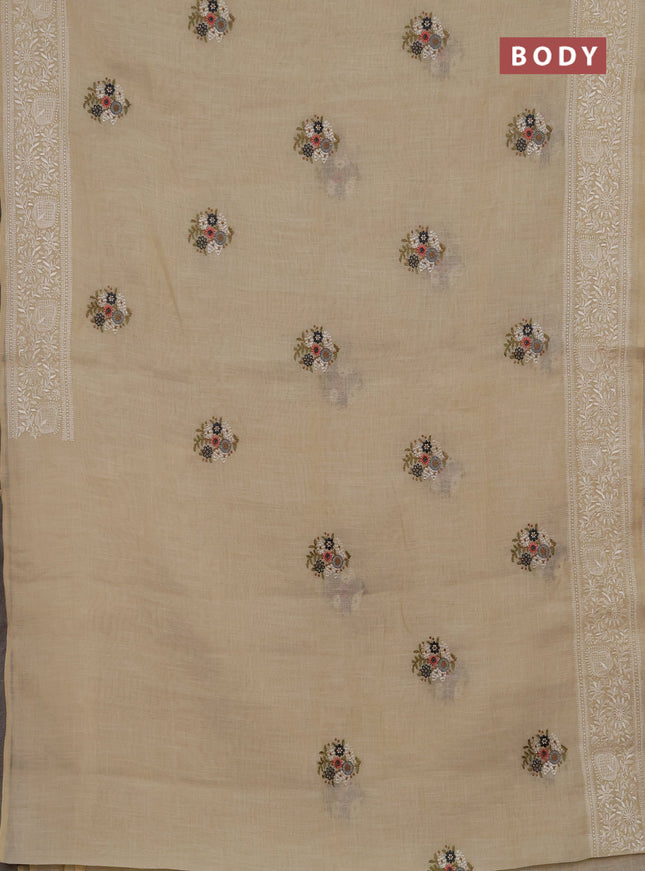 Linen cotton saree dark grey with allover embroidery buttas and embroidery pallu