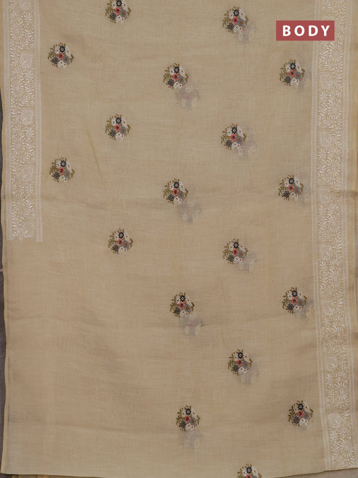 Linen cotton saree dark grey with allover embroidery buttas and embroidery pallu