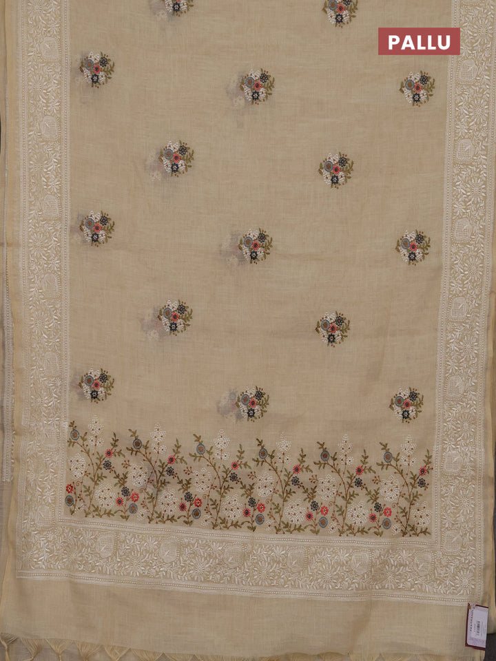 Linen cotton saree dark grey with allover embroidery buttas and embroidery pallu