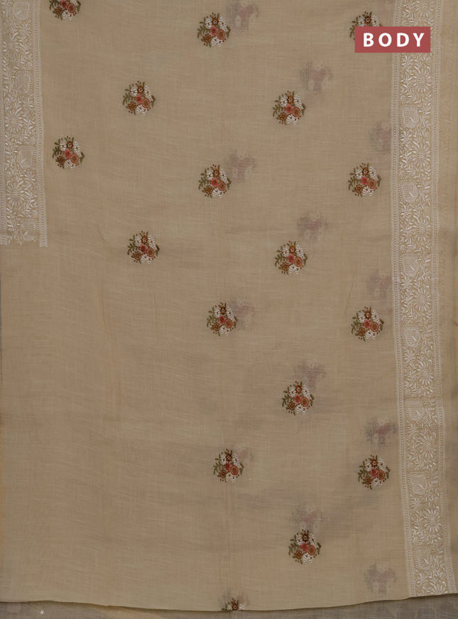 Linen cotton saree cream and pink with allover embroidery buttas and embroidery pallu