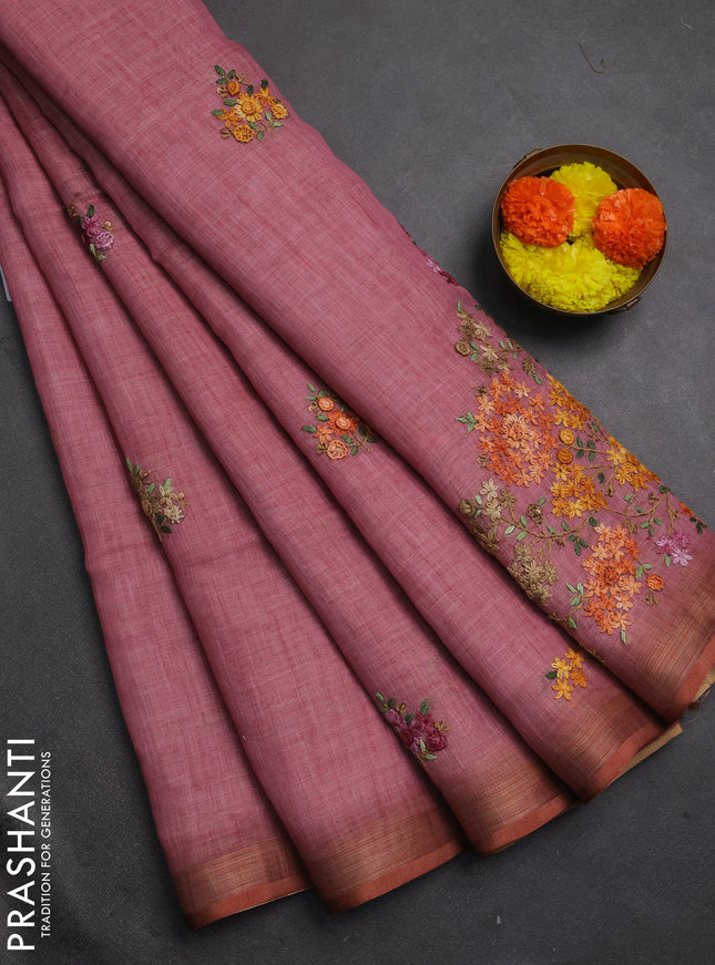 Tissue linen saree pink with allover embroidery buttas and embroidery kantha stitch work pallu