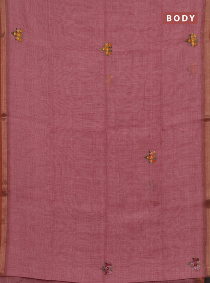 Tissue linen saree pink with allover embroidery buttas and embroidery kantha stitch work pallu