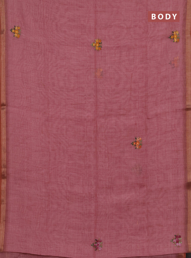 Tissue linen saree pink with allover embroidery buttas and embroidery kantha stitch work pallu