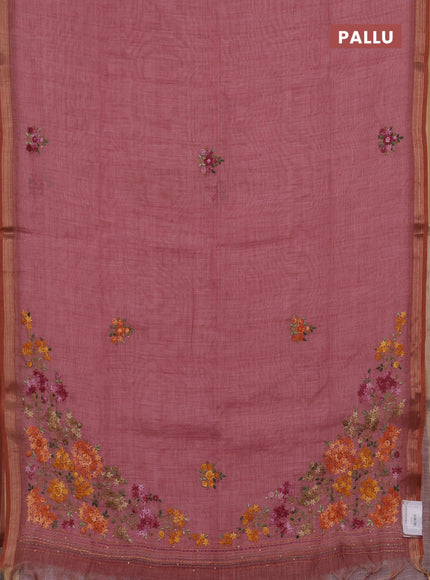 Tissue linen saree pink with allover embroidery buttas and embroidery kantha stitch work pallu