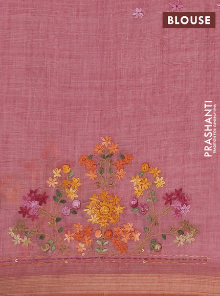Tissue linen saree pink with allover embroidery buttas and embroidery kantha stitch work pallu