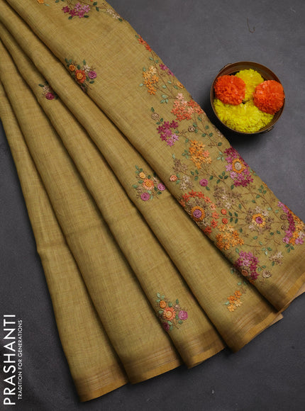 Tissue linen saree mustard yellow with allover embroidery buttas and embroidery kantha stitch work pallu