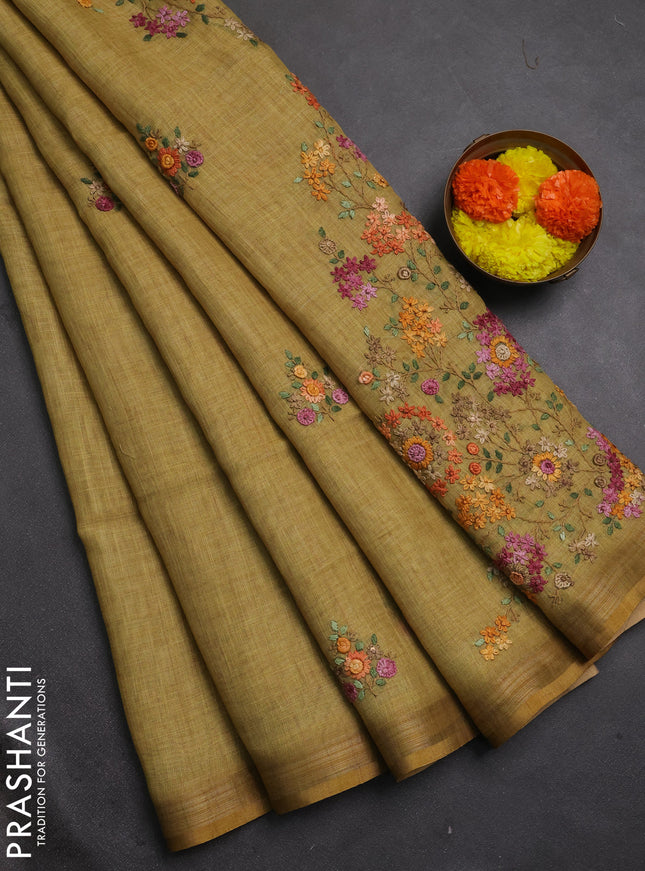 Tissue linen saree mustard yellow with allover embroidery buttas and embroidery kantha stitch work pallu