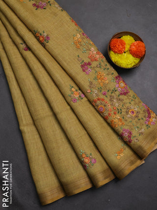 Tissue linen saree mustard yellow with allover embroidery buttas and embroidery kantha stitch work pallu
