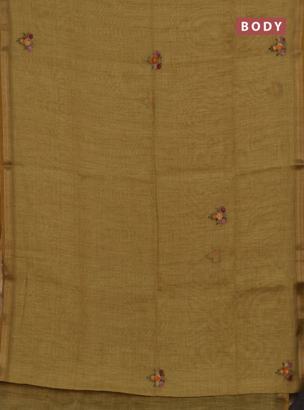 Tissue linen saree mustard yellow with allover embroidery buttas and embroidery kantha stitch work pallu