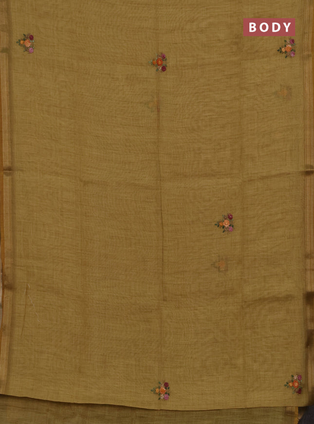 Tissue linen saree mustard yellow with allover embroidery buttas and embroidery kantha stitch work pallu