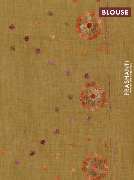 Tissue linen saree mustard yellow with allover embroidery buttas and embroidery kantha stitch work pallu