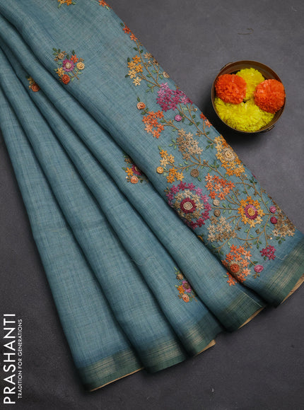 Tissue linen saree teal blue with allover embroidery buttas and embroidery kantha stitch work pallu