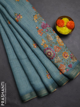Tissue linen saree teal blue with allover embroidery buttas and embroidery kantha stitch work pallu