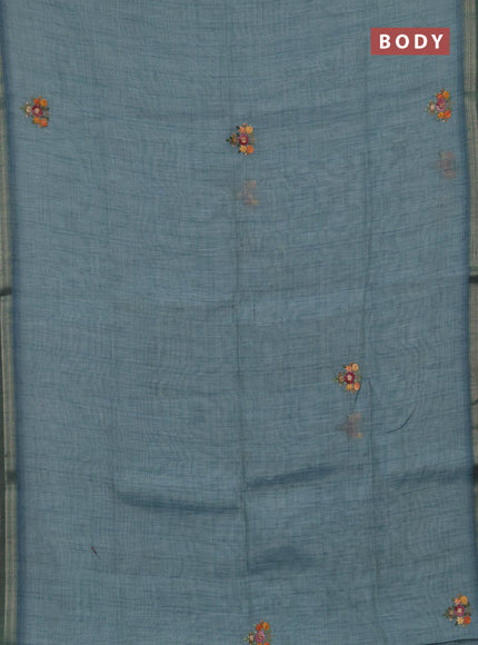 Tissue linen saree teal blue with allover embroidery buttas and embroidery kantha stitch work pallu