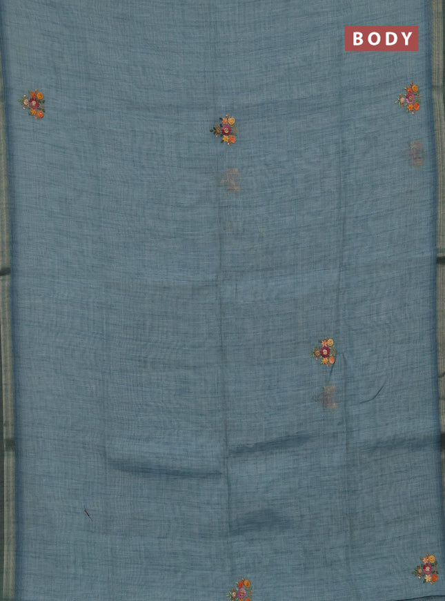 Tissue linen saree teal blue with allover embroidery buttas and embroidery kantha stitch work pallu
