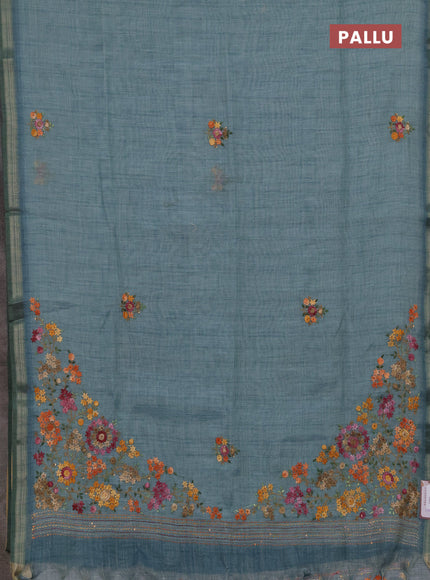 Tissue linen saree teal blue with allover embroidery buttas and embroidery kantha stitch work pallu