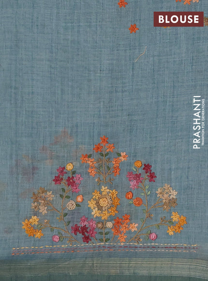 Tissue linen saree teal blue with allover embroidery buttas and embroidery kantha stitch work pallu