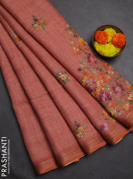 Tissue linen saree peach shade with allover embroidery buttas and embroidery kantha stitch work pallu