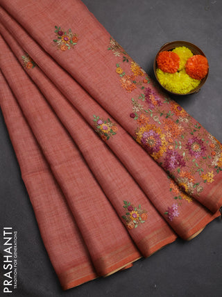 Tissue linen saree peach shade with allover embroidery buttas and embroidery kantha stitch work pallu