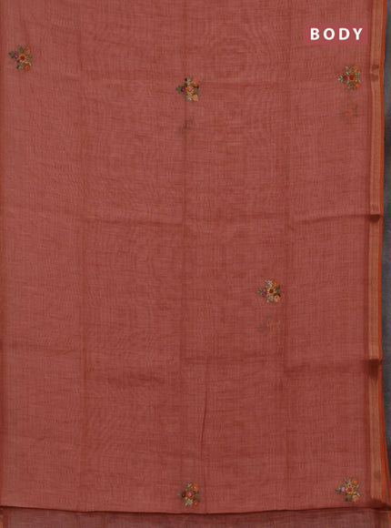 Tissue linen saree peach shade with allover embroidery buttas and embroidery kantha stitch work pallu