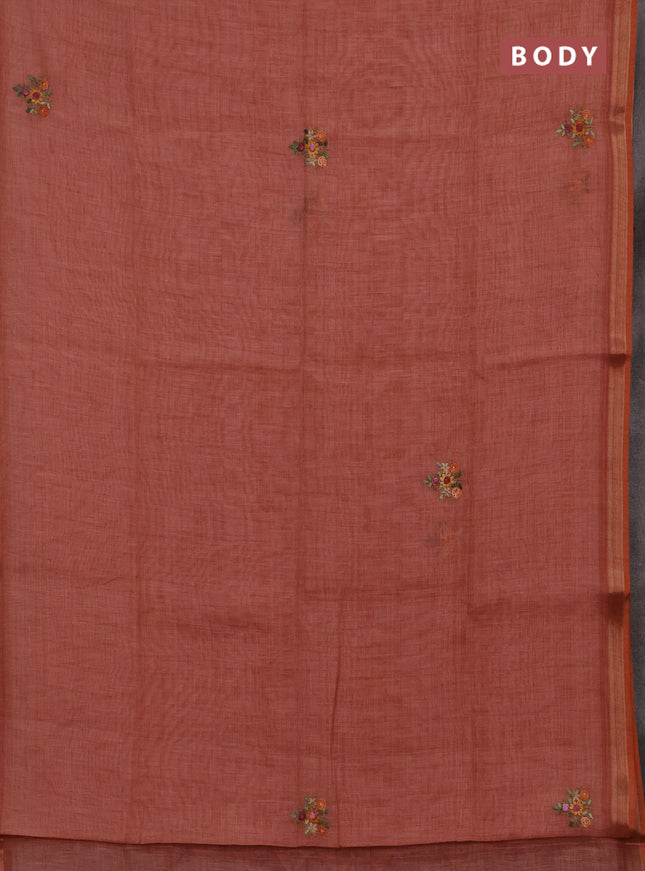 Tissue linen saree peach shade with allover embroidery buttas and embroidery kantha stitch work pallu