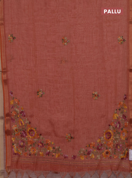 Tissue linen saree peach shade with allover embroidery buttas and embroidery kantha stitch work pallu
