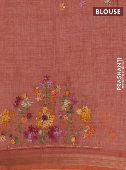 Tissue linen saree peach shade with allover embroidery buttas and embroidery kantha stitch work pallu
