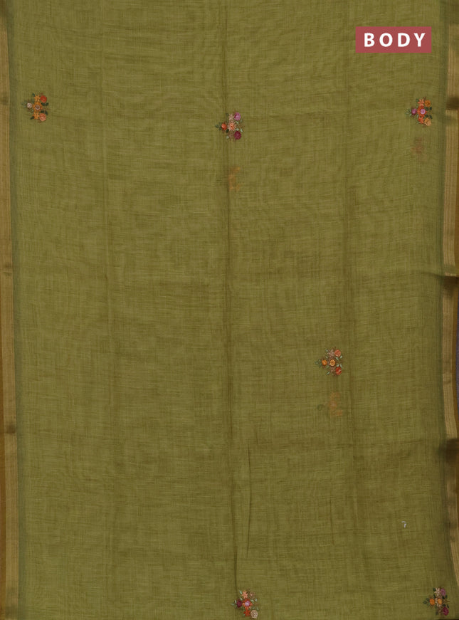 Tissue linen saree green with allover embroidery buttas and embroidery kantha stitch work pallu