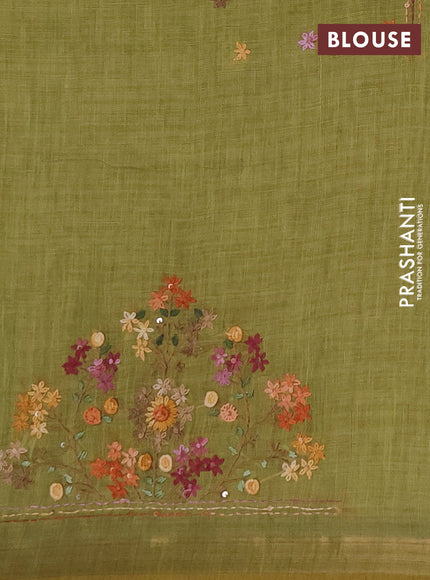 Tissue linen saree green with allover embroidery buttas and embroidery kantha stitch work pallu