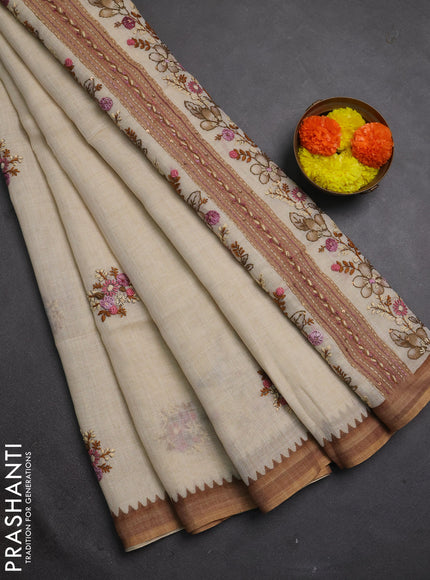 Linen cotton saree sandal with embroidery buttas and embroidery kantha stitch work pallu
