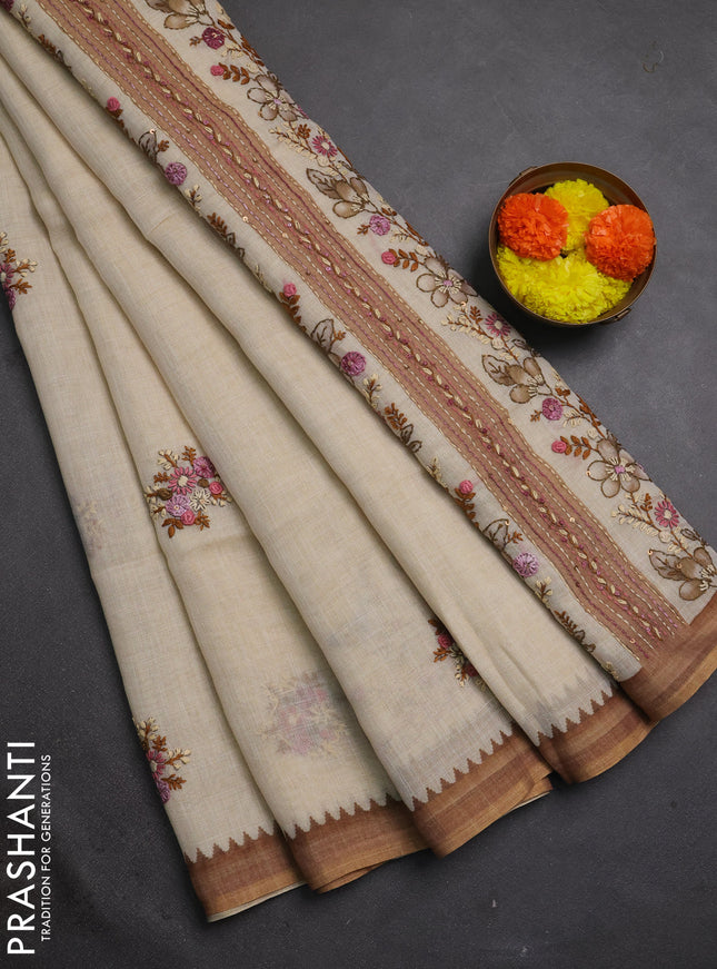 Linen cotton saree sandal with embroidery buttas and embroidery kantha stitch work pallu