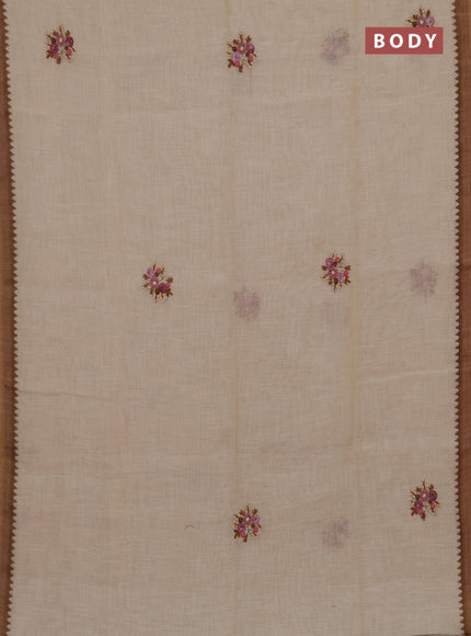 Linen cotton saree sandal with embroidery buttas and embroidery kantha stitch work pallu