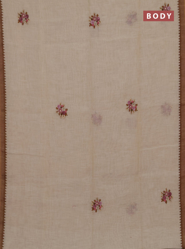 Linen cotton saree sandal with embroidery buttas and embroidery kantha stitch work pallu
