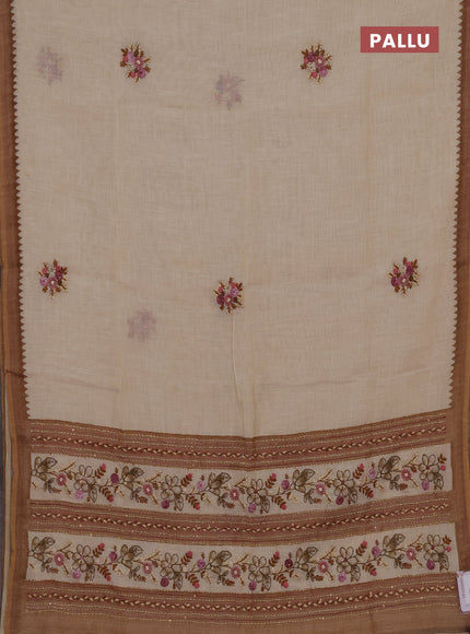 Linen cotton saree sandal with embroidery buttas and embroidery kantha stitch work pallu