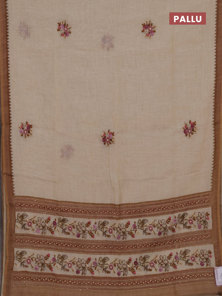 Linen cotton saree sandal with embroidery buttas and embroidery kantha stitch work pallu