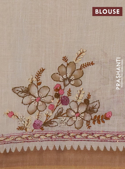 Linen cotton saree sandal with embroidery buttas and embroidery kantha stitch work pallu