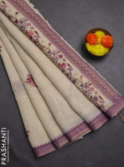 Linen cotton saree purple with embroidery buttas and embroidery kantha stitch work pallu
