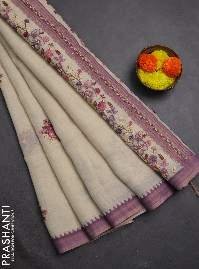 Linen cotton saree purple with embroidery buttas and embroidery kantha stitch work pallu