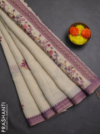 Linen cotton saree purple with embroidery buttas and embroidery kantha stitch work pallu