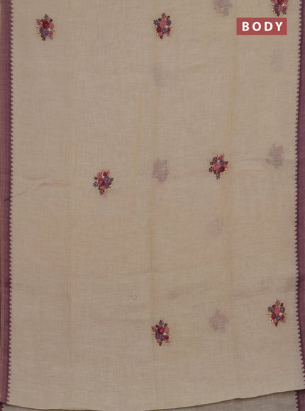 Linen cotton saree purple with embroidery buttas and embroidery kantha stitch work pallu