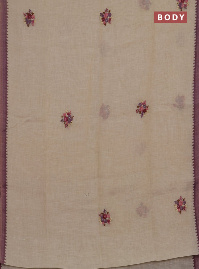 Linen cotton saree purple with embroidery buttas and embroidery kantha stitch work pallu