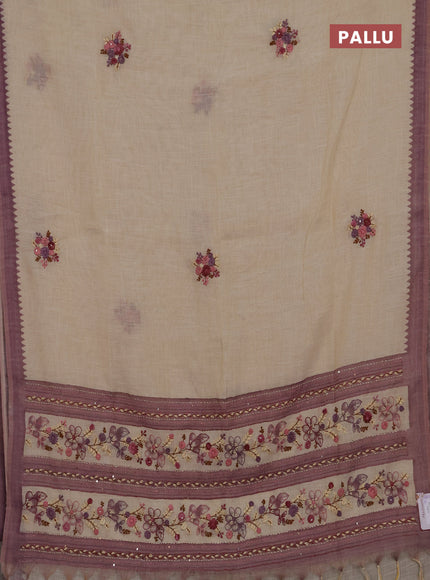 Linen cotton saree purple with embroidery buttas and embroidery kantha stitch work pallu